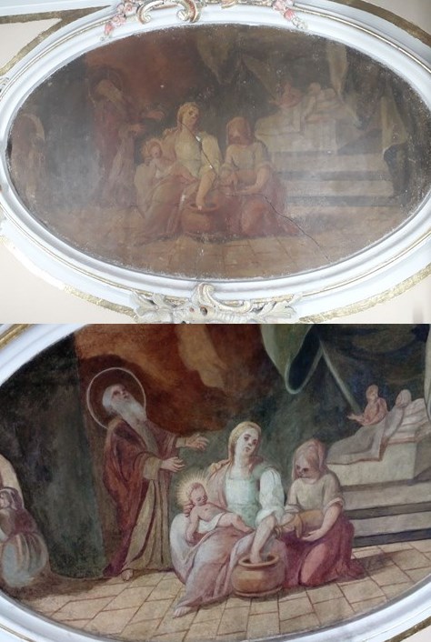 Otras dos imágenes del antes y después en la intervención realizada en los óvalos de pintura mural de la Iglesia de la Purísima Concepción de Pedralba.