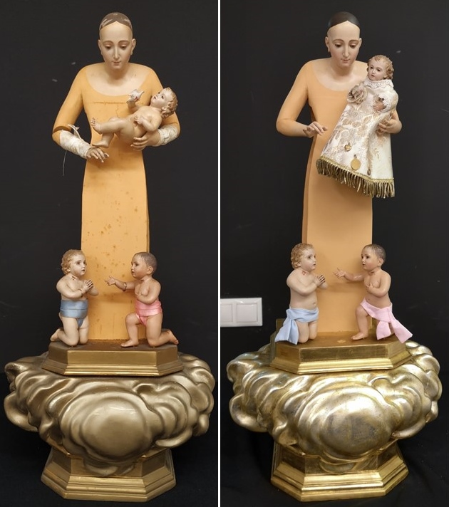 Virgen de los Desamparados, imagen completa antes y después de ser restaurada en Gaia s.l.
